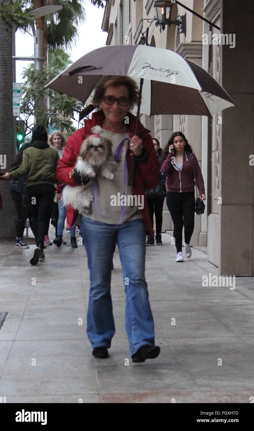 Judge Judy shelters under an umbrella while out walking her dog in