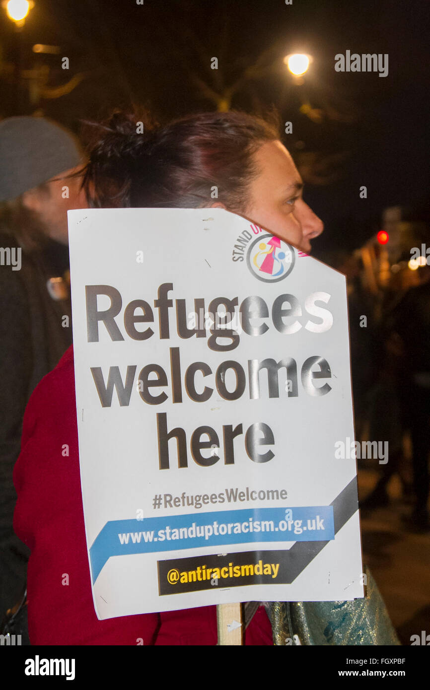 London UK. 22nd February 2016. Protesters rally outside Downing street in London to demand the British government to allow refugees to be allowed to enter Britain and also against the French decision to clear the so called Jungle refugee camp in Calais Credit:  amer ghazzal/Alamy Live News Stock Photo