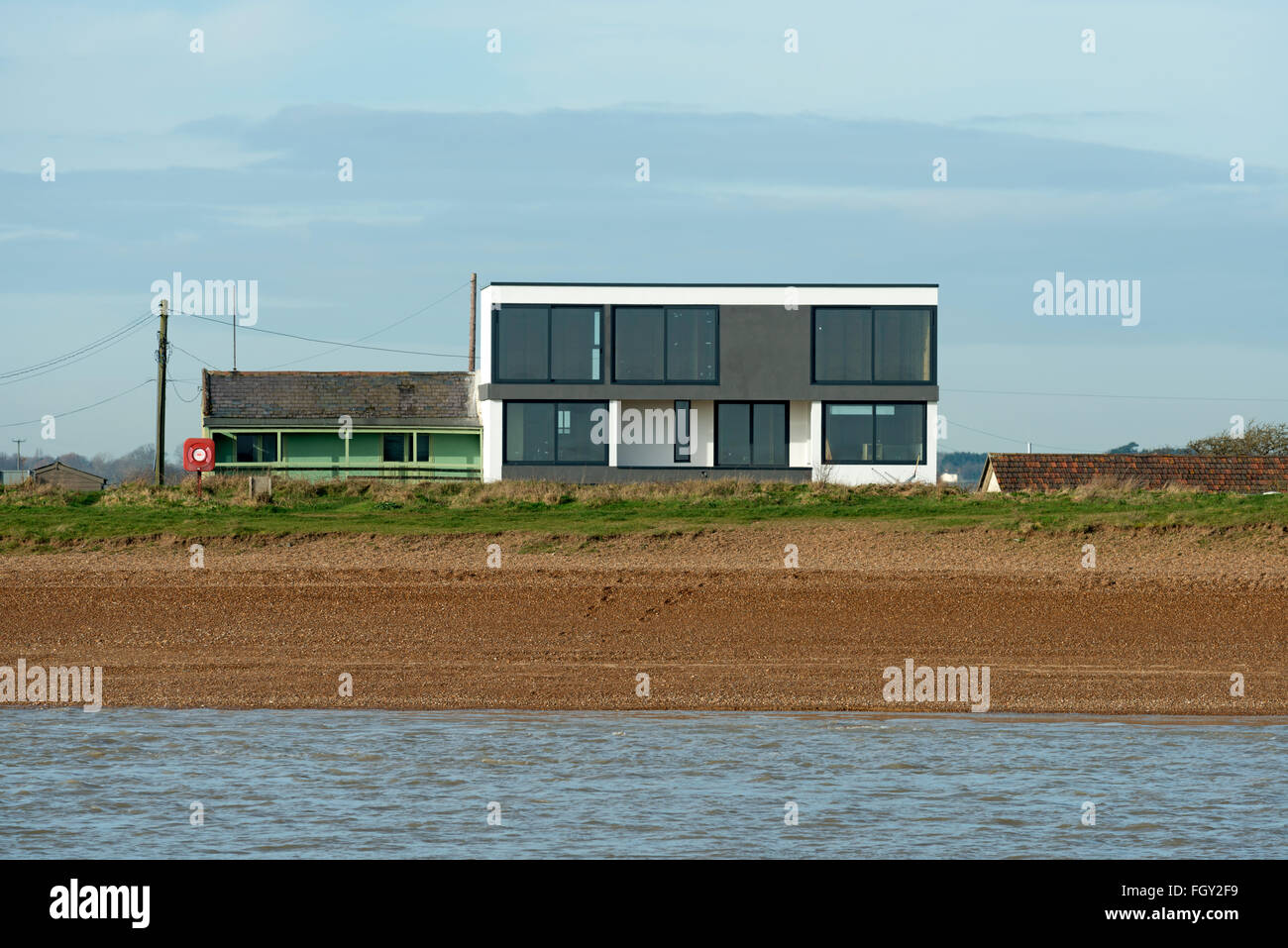 Newly constructed riverfront house, Felixstowe Ferry, Suffolk, UK Stock