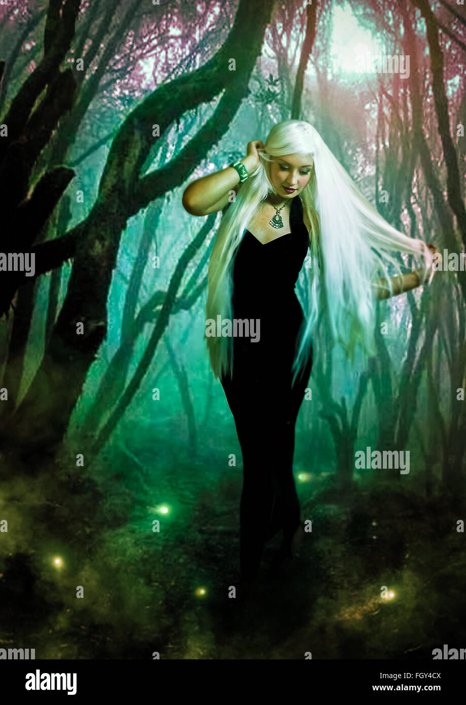 Girl with white hair and black dress in green woods Stock Photo