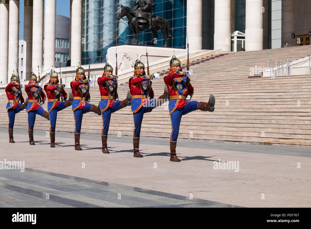 Asia, Mongolia, Ulaanbaatar, Changing of the guard in front of Mongolian National Parliament building. Editorial Only. Stock Photo