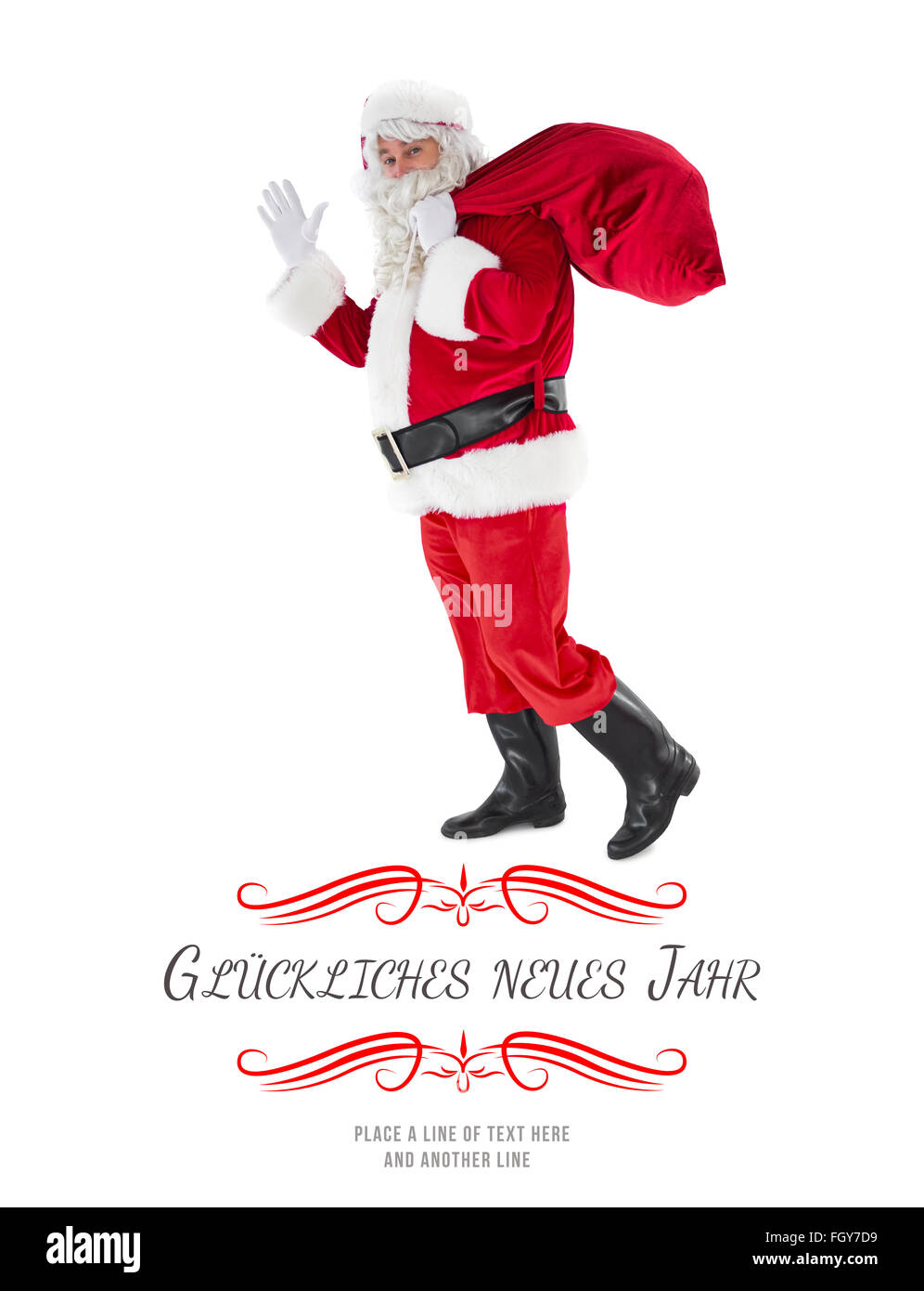Composite image of santa holding a sack and waving Stock Photo