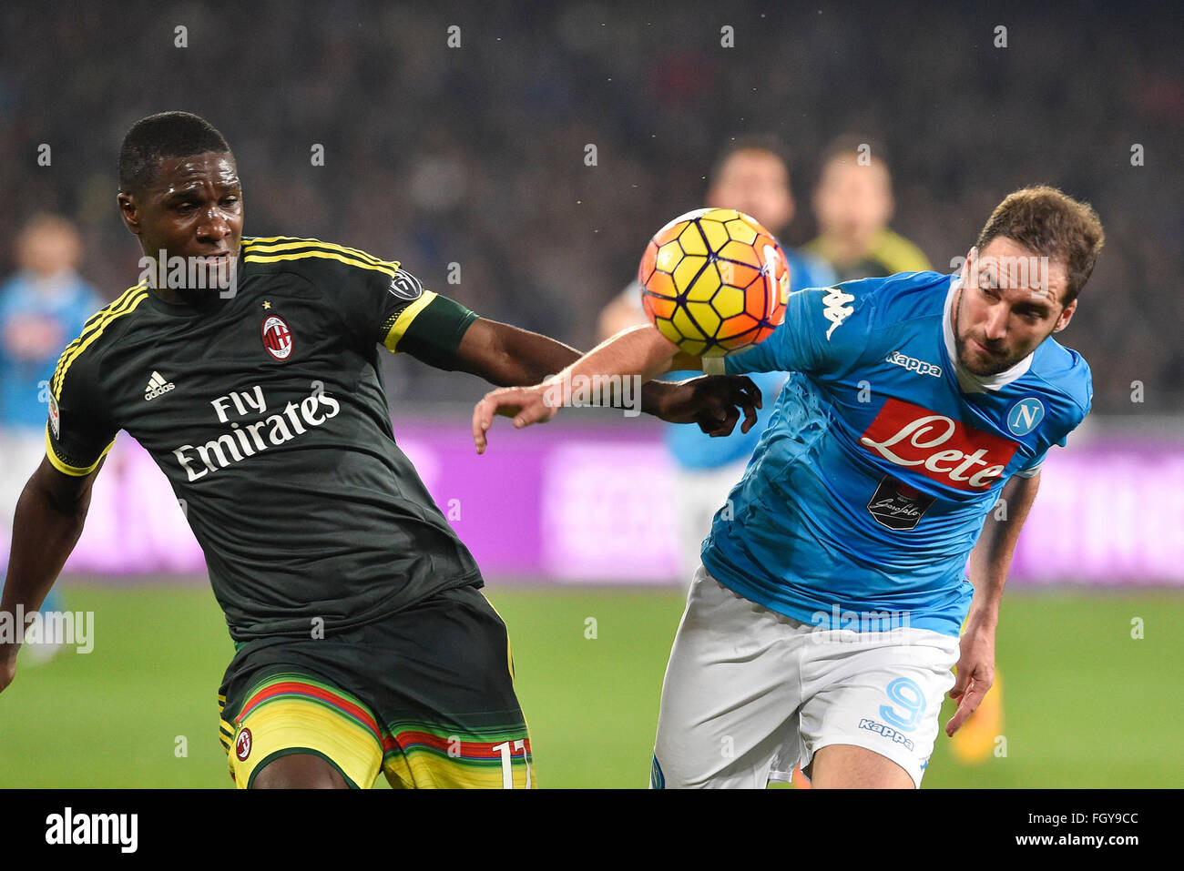 Naples, Italy. 22nd February, 2016. Gonzalo Higuaín (R) of Napoli and Cristian Zapata (L) of Milan in action during match between SSC Napoli and Milan AC in Serie A TIM at Stadio San Paolo in Naples on  February 22,2016  Credit:  marco iorio/Alamy Live News Stock Photo