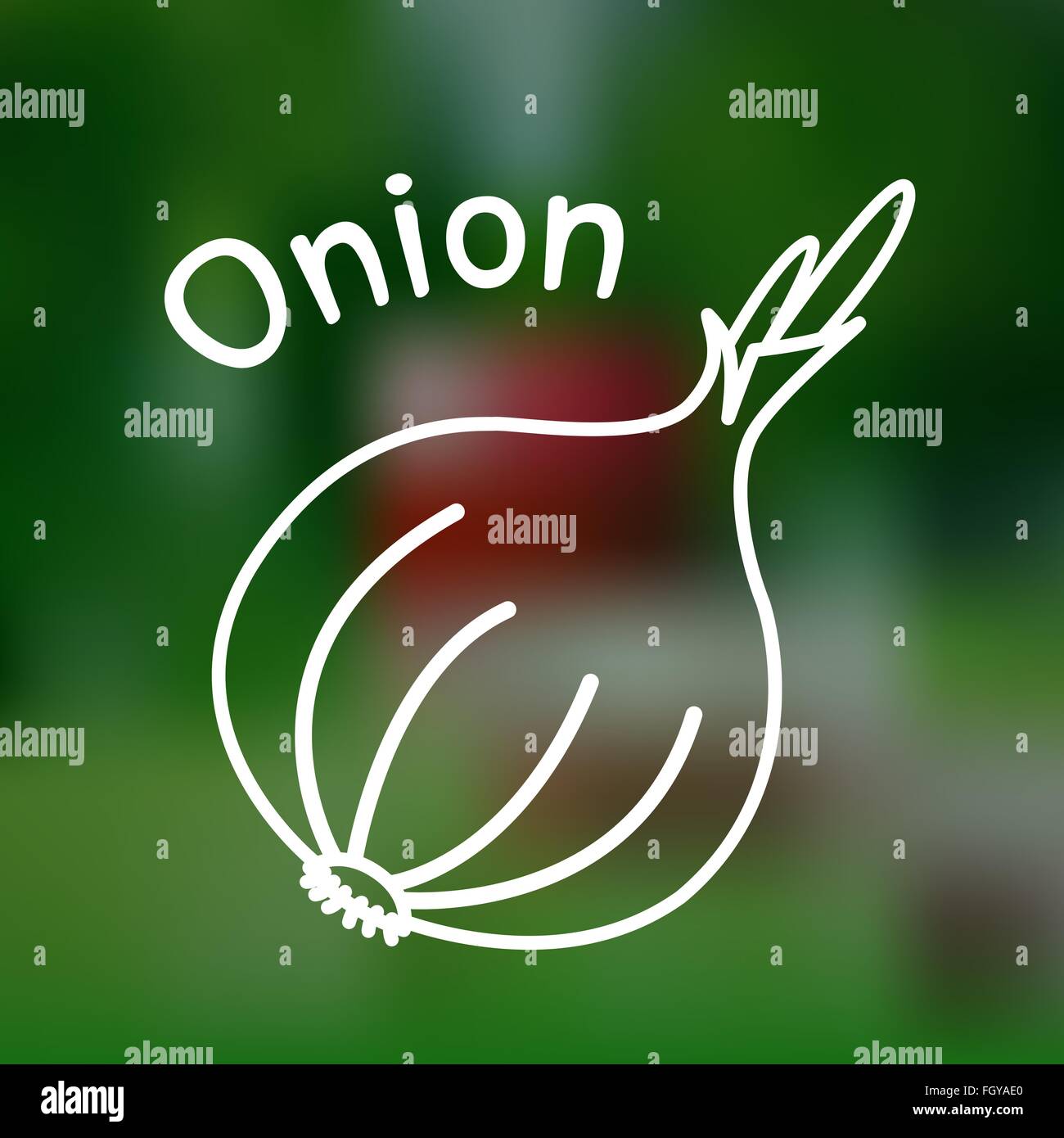 White thin line icon of onion with name on mesh background Stock Vector