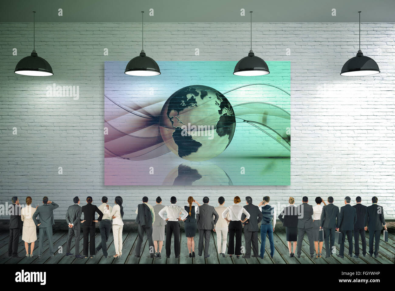 Composite image of rear view of multiethnic business people standing ...