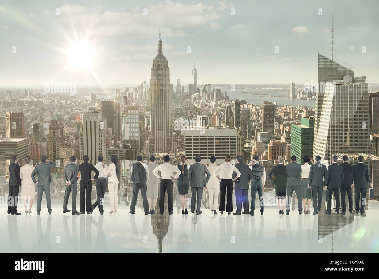 Composite image of rear view of multiethnic business people standing ...
