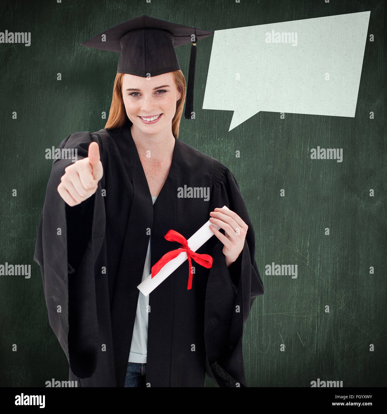 Composite image of teenage girl celebrating graduation with thumbs up ...