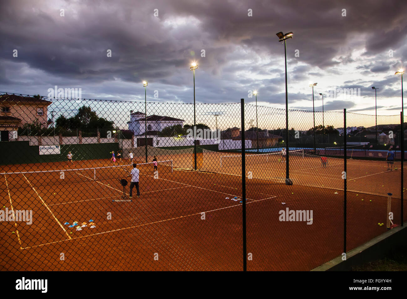 Tennis lesson Tennis Club Mijas, Malaga province Costa del Sol. Andalusia, southern Spain Stock Photo