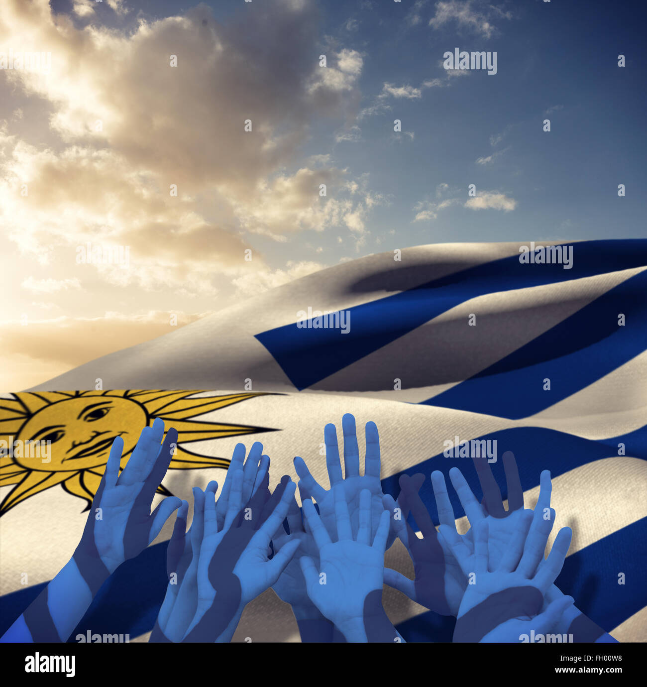 Composite image of people raising hands in the air Stock Photo - Alamy