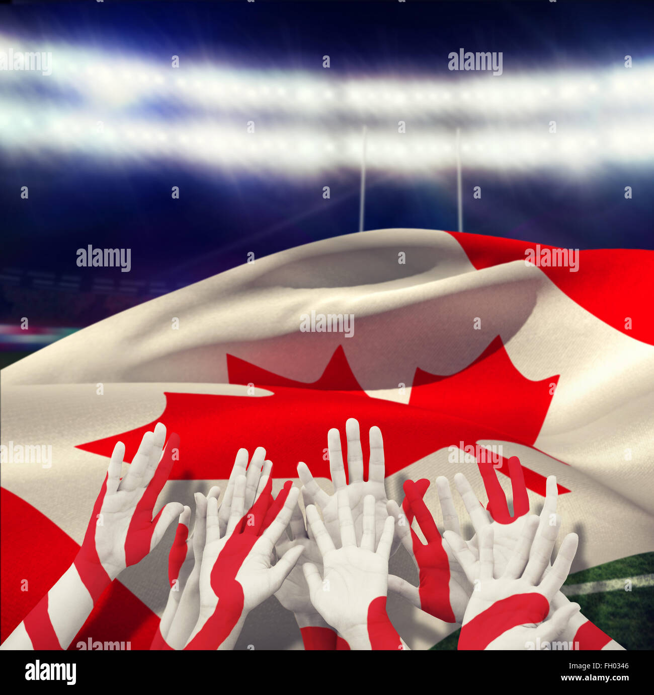 Composite image of people raising hands in the air Stock Photo - Alamy