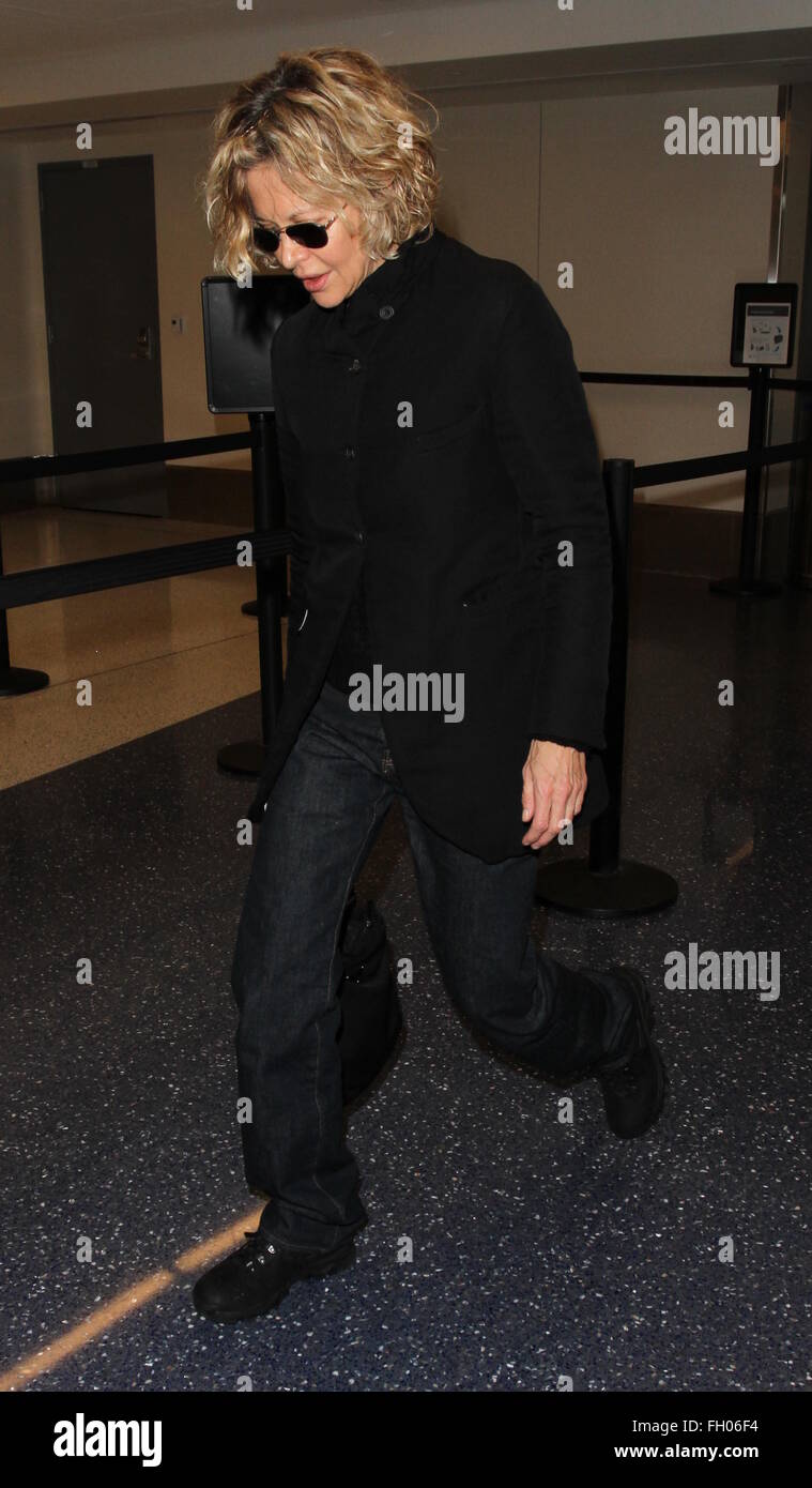 Meg Ryan arrives on a flight to Los Angeles International Airport (LAX