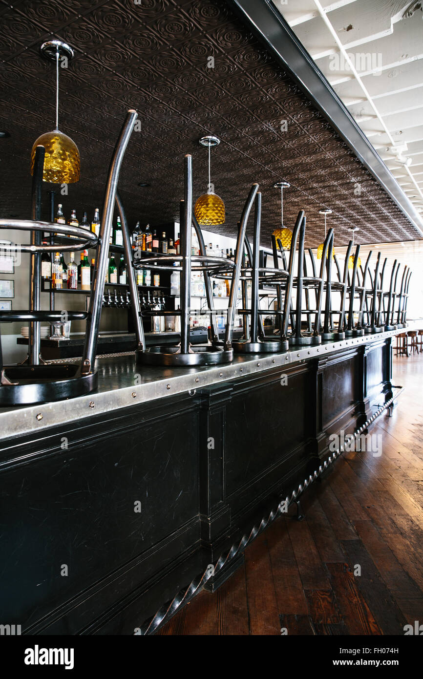 Bar stools at closing time at Preux and Proper in downtown Los Angeles