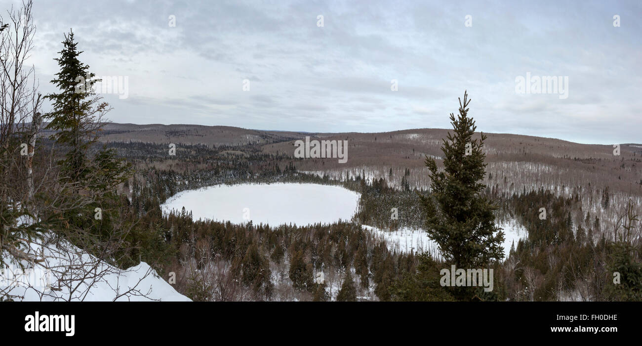 A view of frozen Lake Bradley and the Superior National Forest in Cook