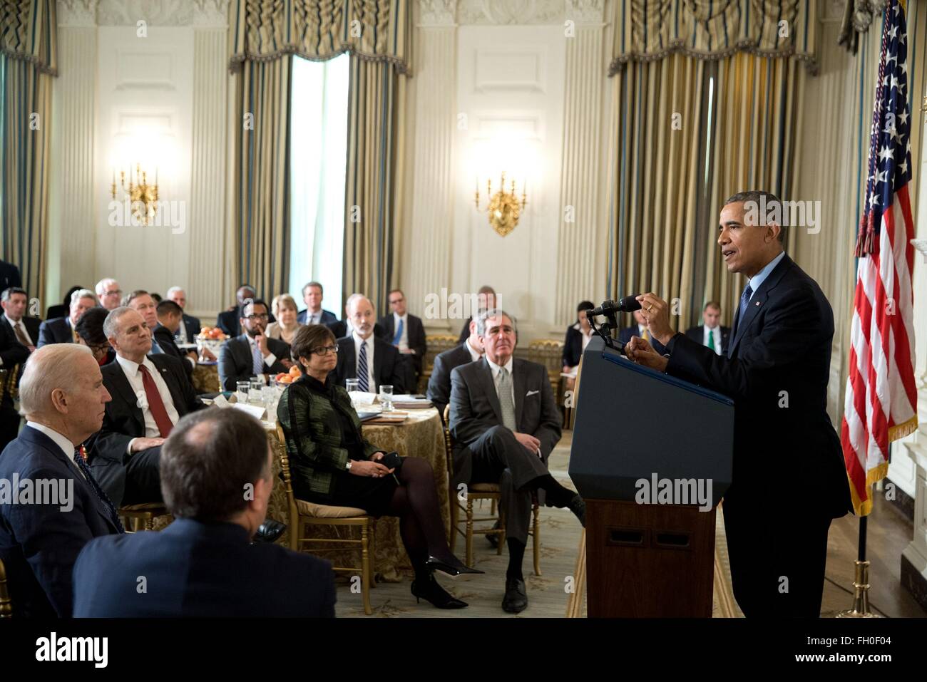 Washington, DC, USA. 22nd Feb, 2016. U.S. President Barack Obama responds to a question while addressing the National Governors Association in the State Dining Room of the White House February 22, 2016 in Washington, DC. Stock Photo