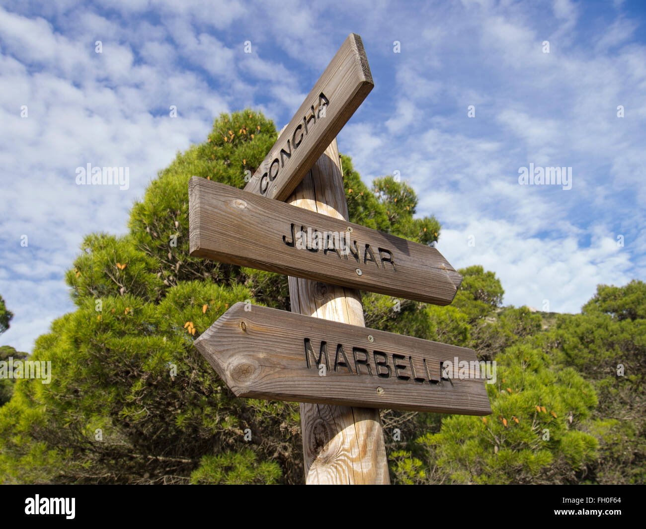 Hiking signals, Sierra Blanca forest near Refugio Juanar. Ojen, Malaga province Costa del Sol. Andalusia southern Spain Stock Photo