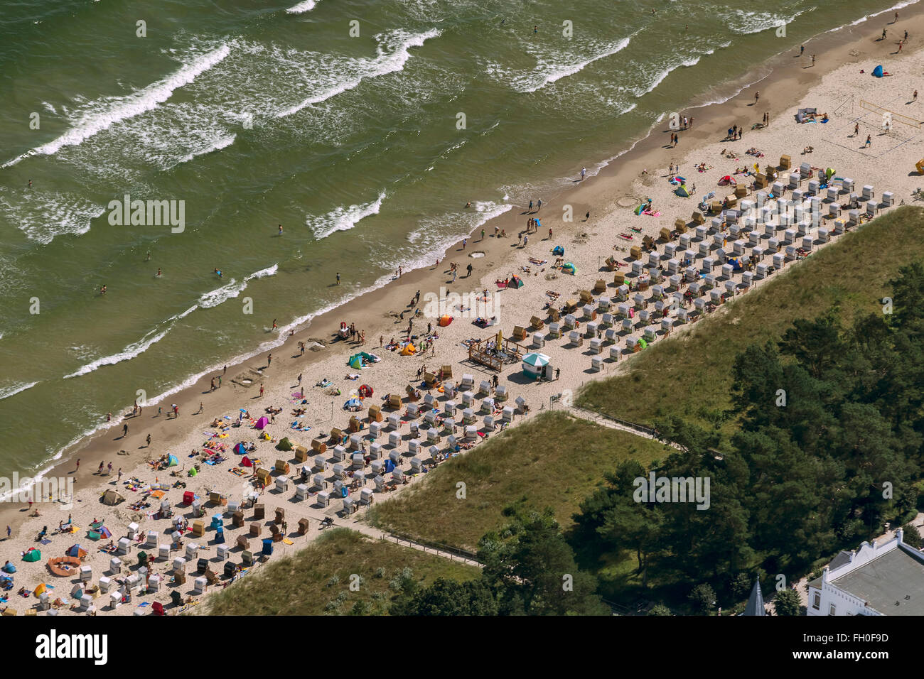 Aerial view, beach in Binz with Kurhaus Binz, beach chairs, bather, waves, beach, Binz, Rügen, Mecklenburg-Vorpommern, Germany, Stock Photo