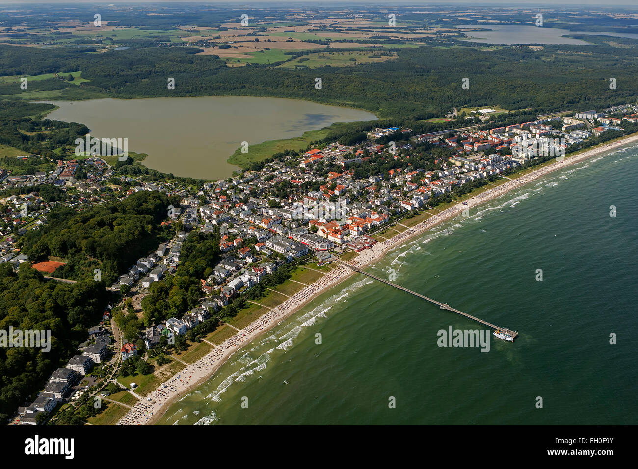 Aerial view, beach in Binz with Kurhaus Binz, with feeder, Binz, Rügen, Mecklenburg-Vorpommern, Germany, Europe, Aerial view, Stock Photo
