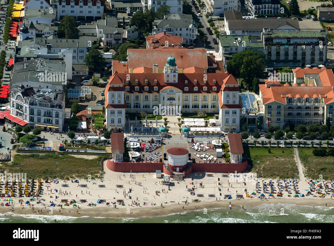Aerial view, beach in Binz with Kurhaus Binz, with feeder, Binz, Rügen, Mecklenburg-Vorpommern, Germany, Europe, Aerial view, Stock Photo