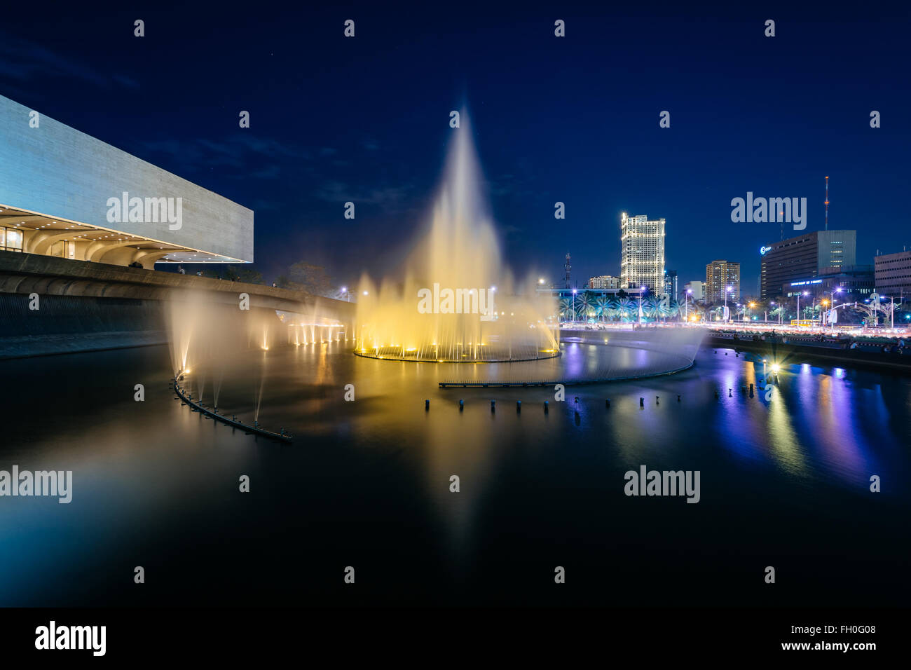 Fountain outside the Cultural Center of the Philippines at night, in Pasay, Metro Manila, The Philippines. Stock Photo