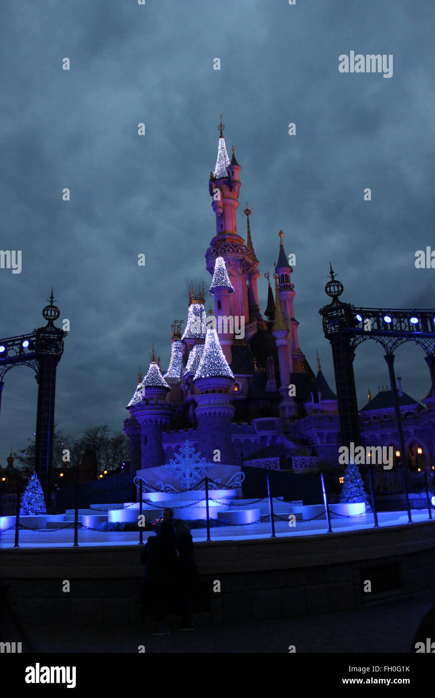 Disneyland Paris Sleeping Beauty castle at night Stock Photo