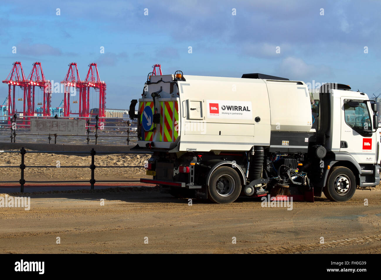 Street Cleaning with road sweeper in Hoylake, Wallasey, UK Stock Photo