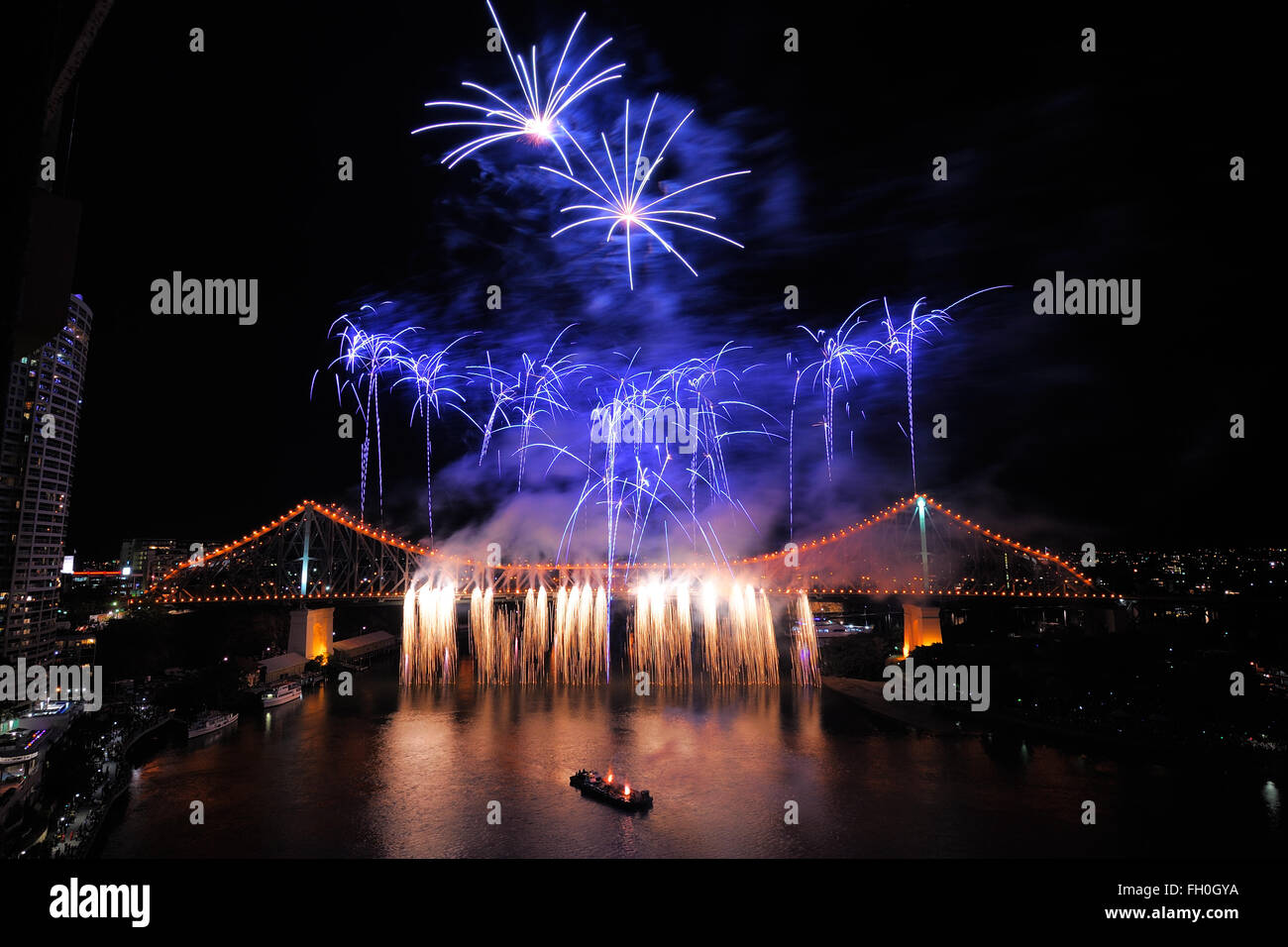 Amazing firework on Story Bridge at Brisbane River Festival Stock Photo