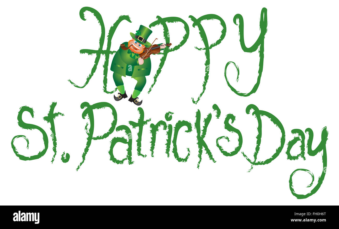 Happy St Patricks Day with Leprechaun Playing Violin Grunge Ink Brush Text Illustration Stock Photo