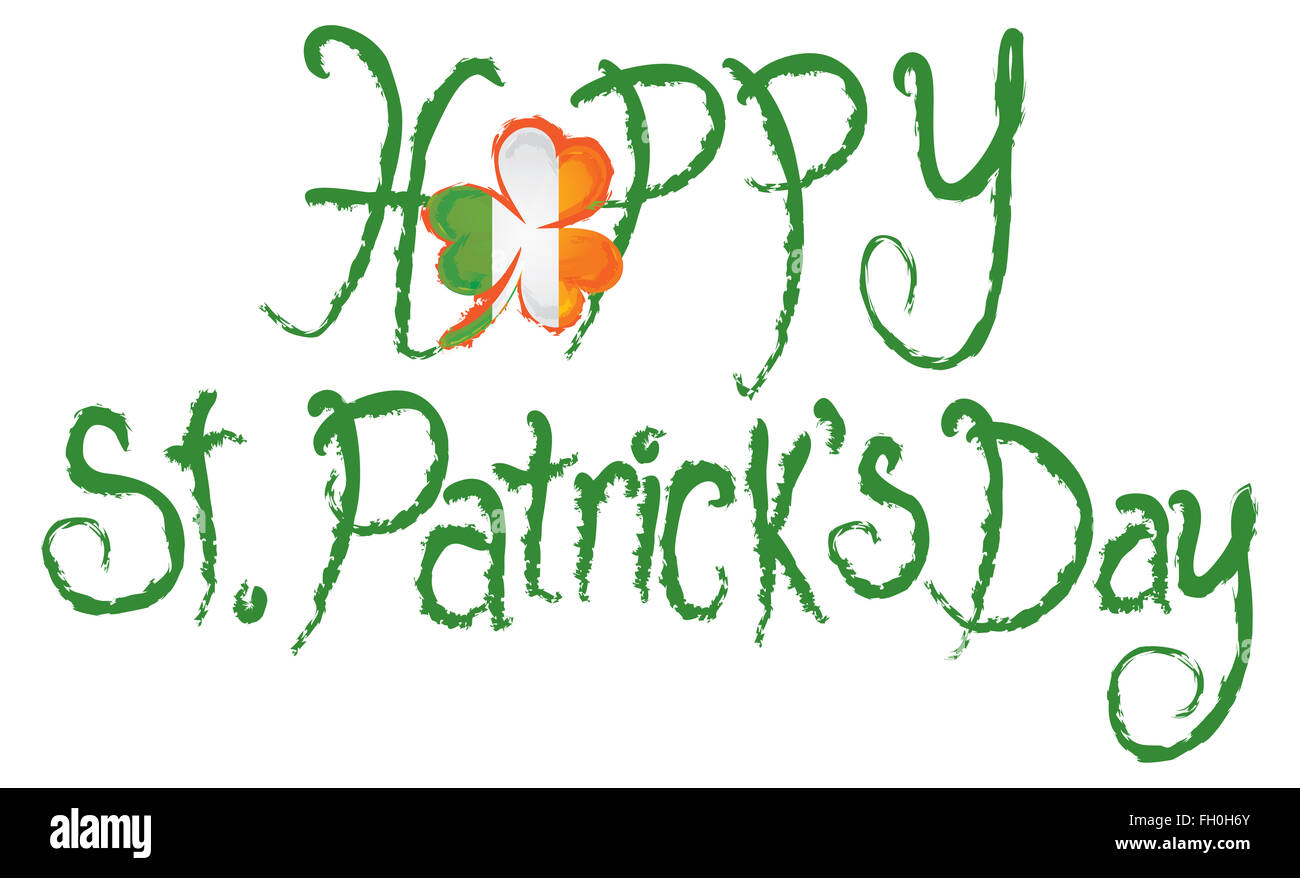 Happy St Patricks Day with Shamrock and Ireland Map Grunge Ink Brush Text Illustration Stock Photo