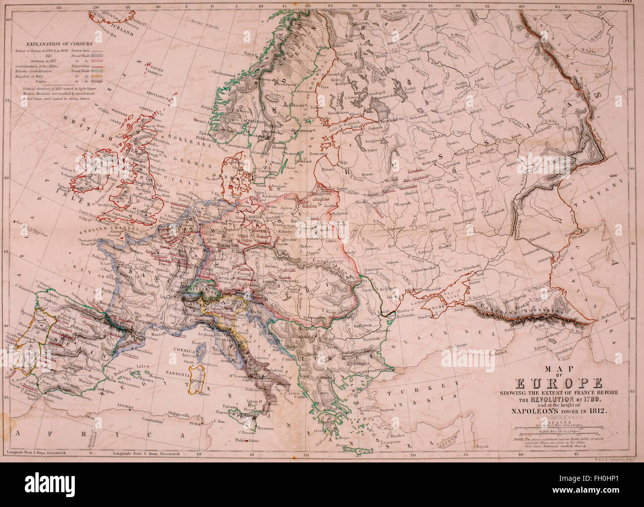 Map of Europe showing the extent of France before the Revolution of 1789, and at the height of Napoleon's power in 1812 Stock Photo