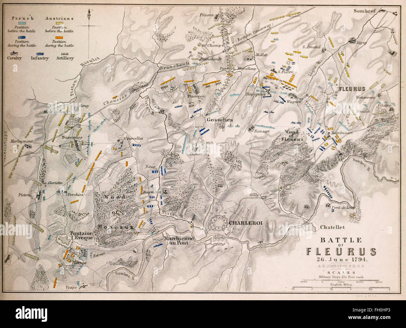 The Battle of Fleurus, on 26 June 1794, was a major engagement between the army of the First French Republic, under General Jean-Baptiste Jourdan, and the Coalition Army (Great Britain, Hanover, Dutch Republic, and Habsburg Monarchy), commanded by Prince Josias of Coburg, in the most decisive battle of the Flanders Campaign in the Low Countries during the French Revolutionary Wars. Stock Photo