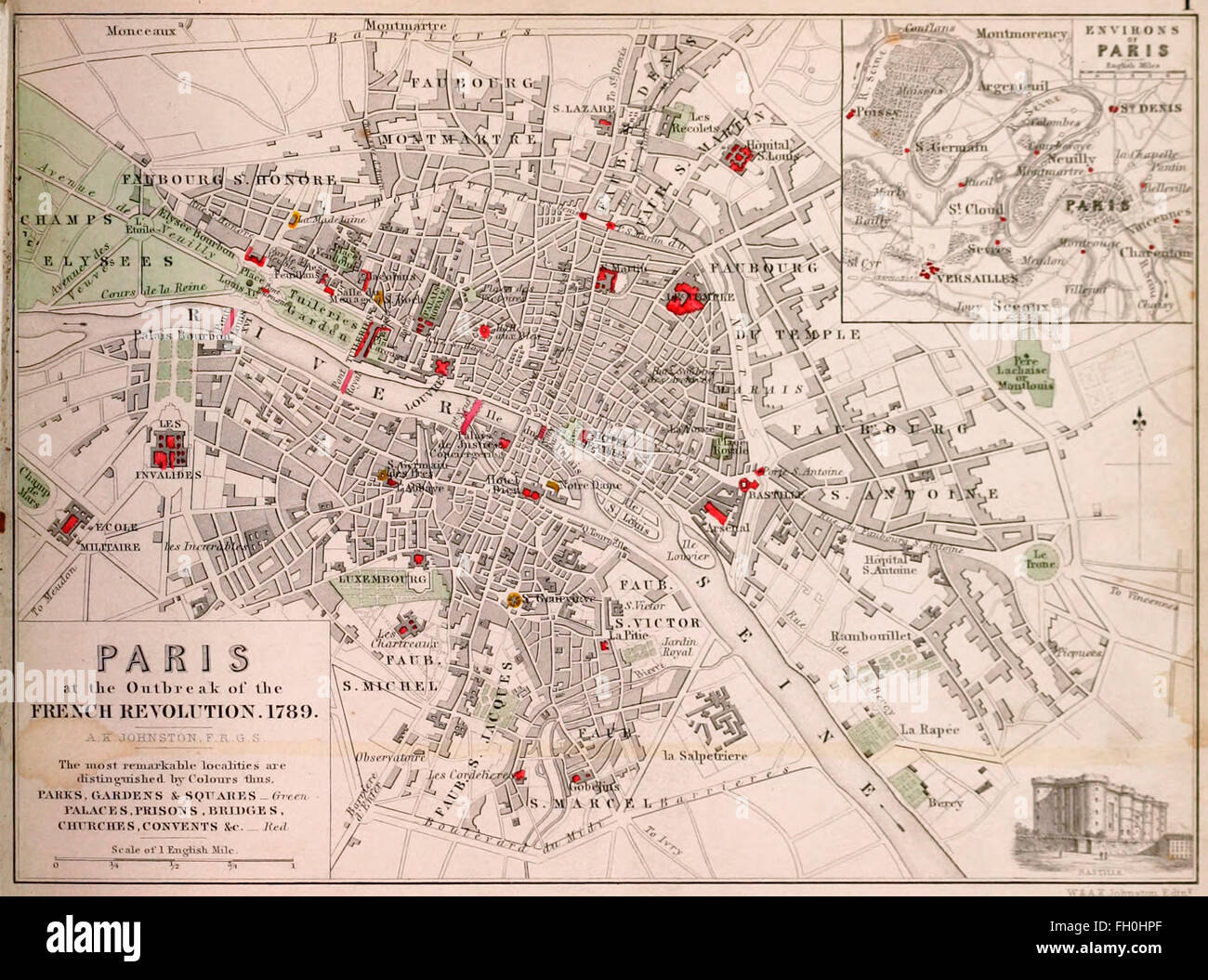 Map of Paris, France at the Outbreak of the French Revolution, 1789 Stock Photo