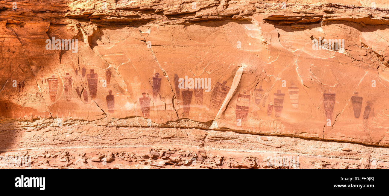 A panoramic image of the Great Gallery of petroglyphs in the remote
