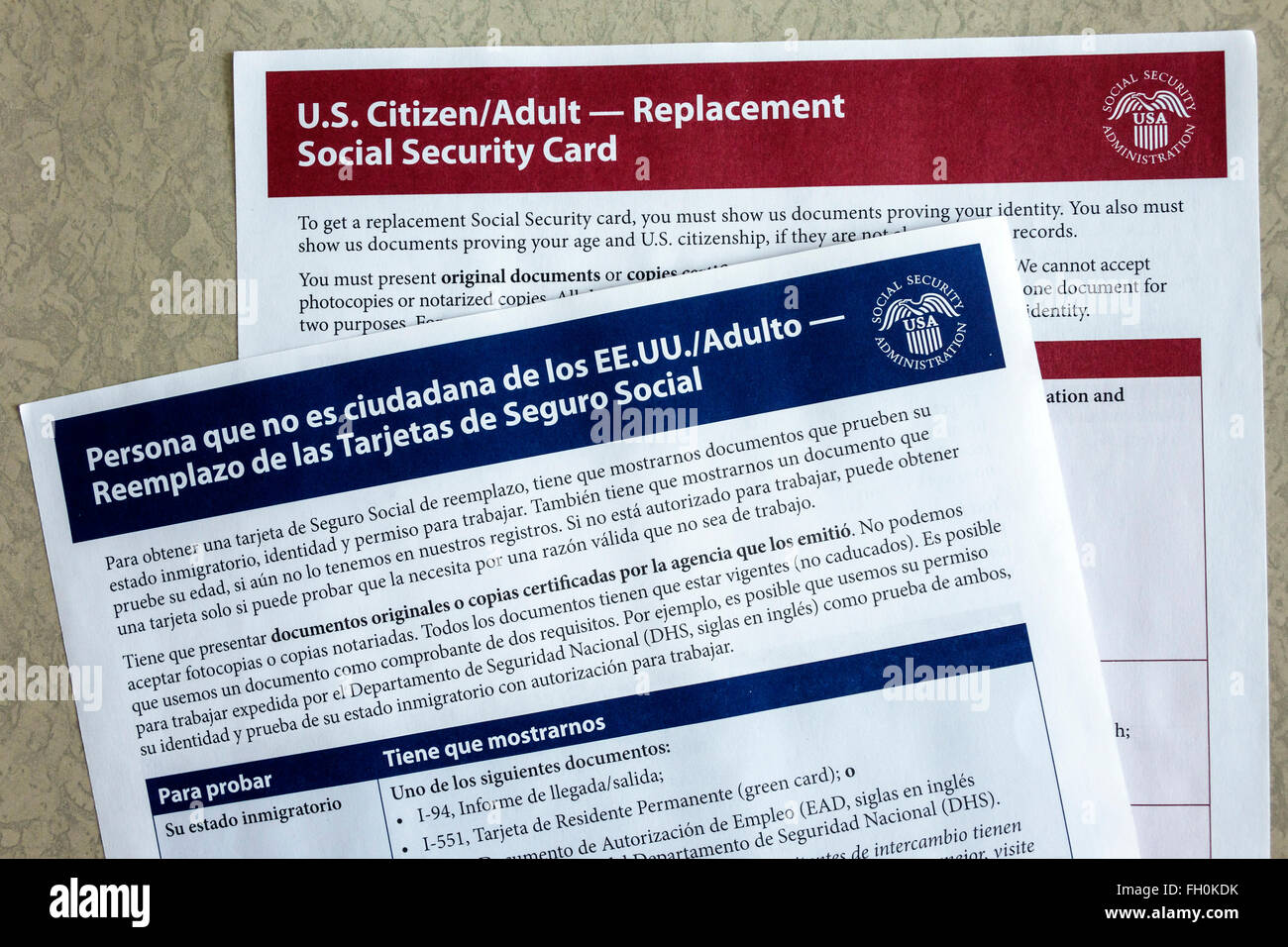 Miami Beach Florida,Spanish English language,form,replacement SS Social Security Card,SSA,administration,information,FL151231005 Stock Photo