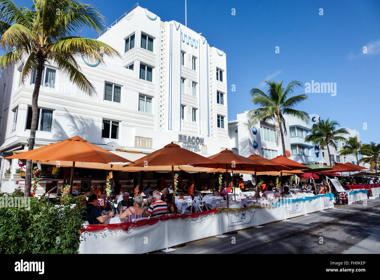 Miami Beach Florida,Ocean Drive,New Year's Day,hotel,lodging,hotels,restaurant restaurants food dining cafe cafes,al fresco sidewalk outside tables,Be Stock Photo