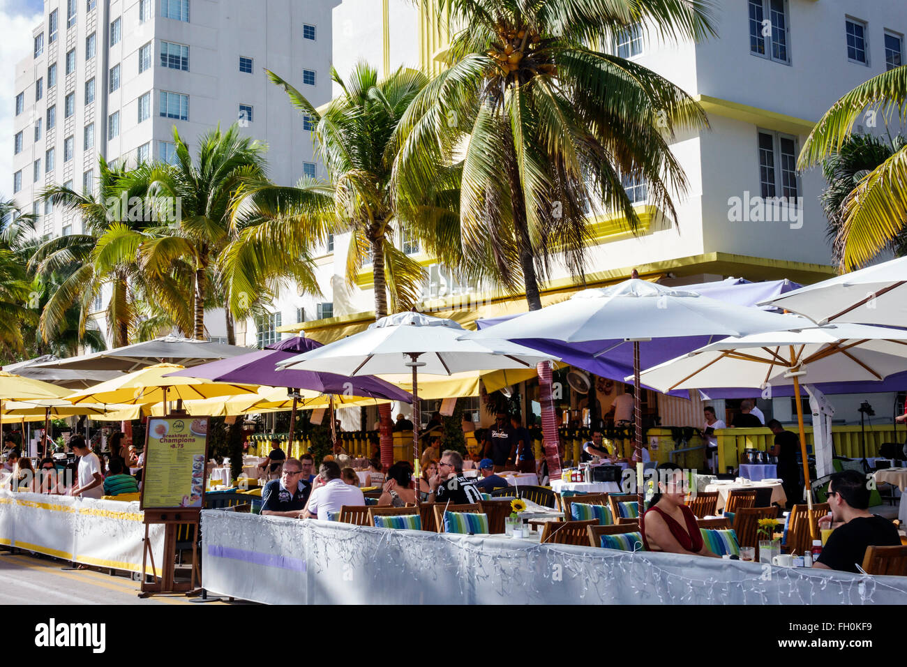 Miami Beach Florida,Ocean Drive,New Year's Day,hotel,lodging,hotels,Leslie,Cala Cafe,restaurant restaurants food dining cafe cafes,al fresco sidewalk Stock Photo