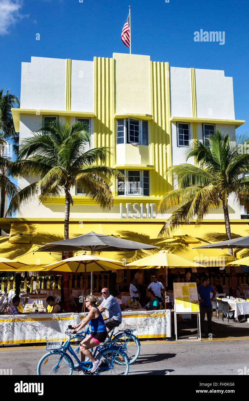 Miami Beach Florida,Ocean Drive,New Year's Day,hotel,lodging,hotels,Leslie,restaurant restaurants food dining cafe cafes,al fresco sidewalk outside ta Stock Photo
