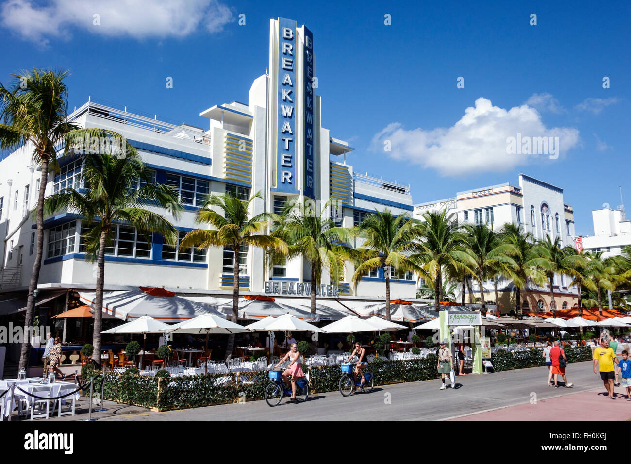 Miami Beach Florida,Ocean Drive,New Year's Day,hotel,lodging,hotels,Breakwater,restaurant restaurants food dining cafe cafes,al fresco sidewalk outsid Stock Photo