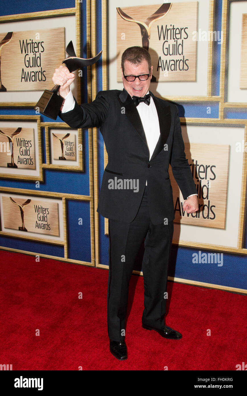 Los Angeles, California, USA. 13th February, 2016.  Writer John McNamara wins an award at the 2016 Writers Guild Awards. Stock Photo