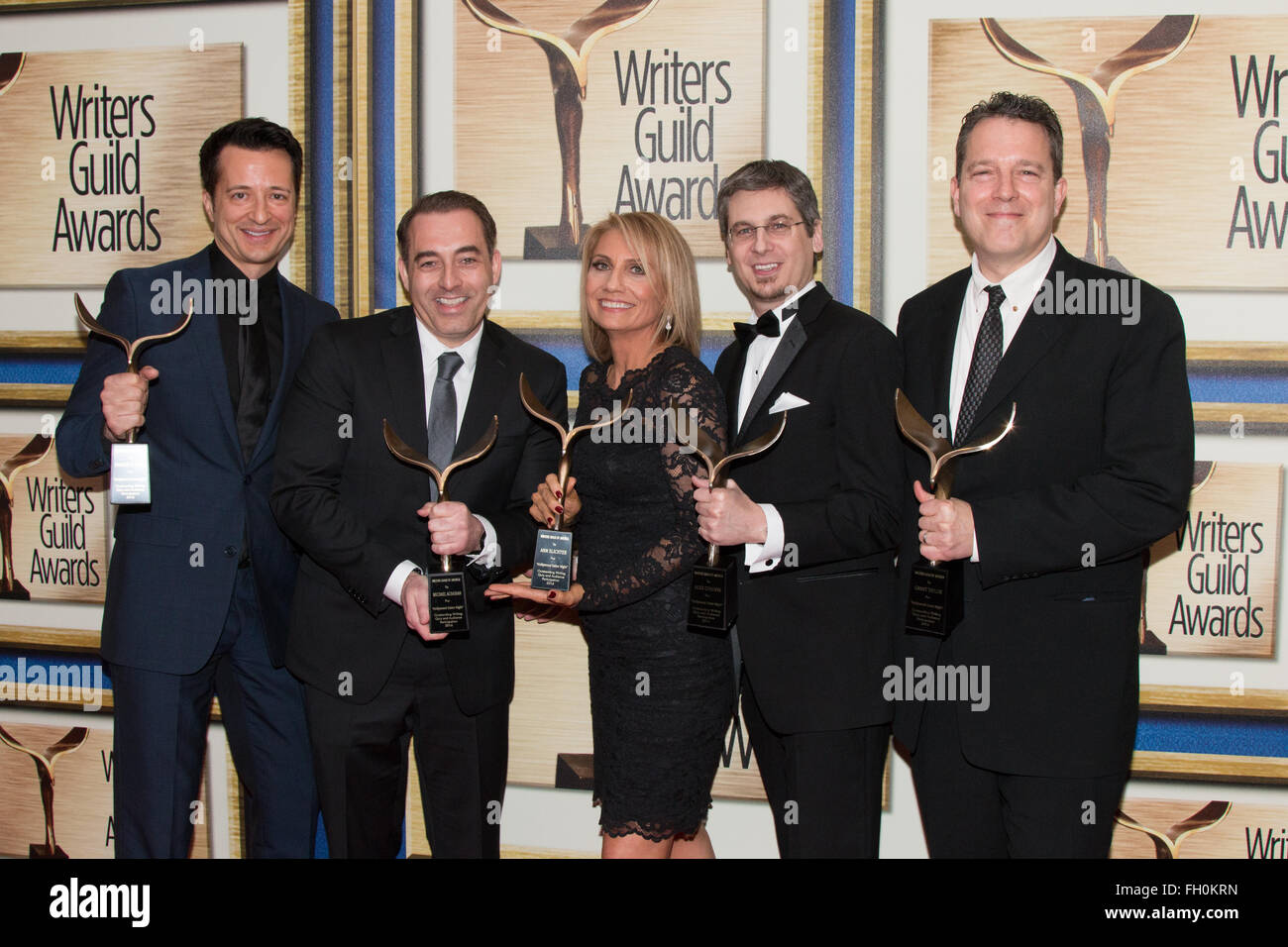 Los Angeles, California, USA. 13th February, 2016. Writers for the show 'Hollywood Game Night' win at the Writers Guild Awards. Stock Photo