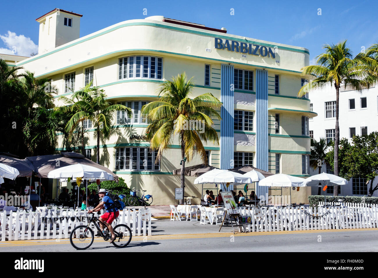 Miami Beach Florida,Ocean Drive,New Year's Day,hotel,lodging,hotels,restaurant restaurants food dining cafe cafes,al fresco sidewalk outside tables,um Stock Photo