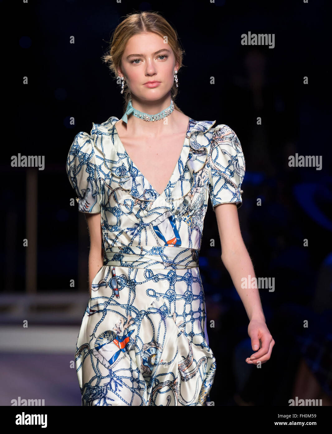 New York City, USA - February 15, 2016: Emmy Rappe walks the runway at ...