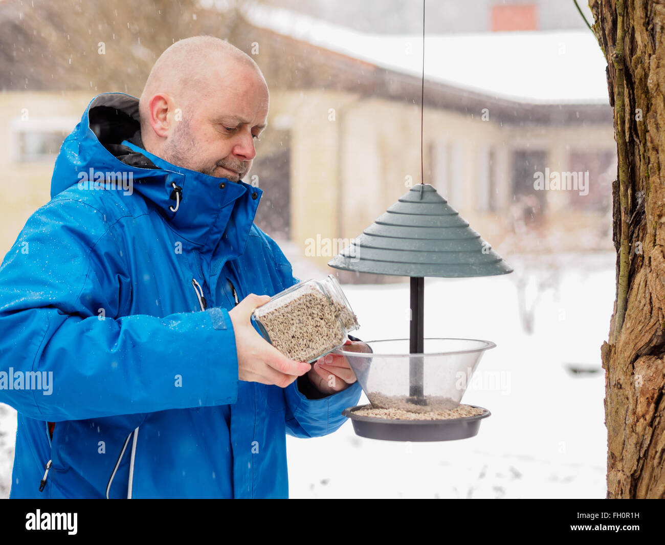 Winter day and snowfall, man fills a bird feeder, horizon format Stock Photo
