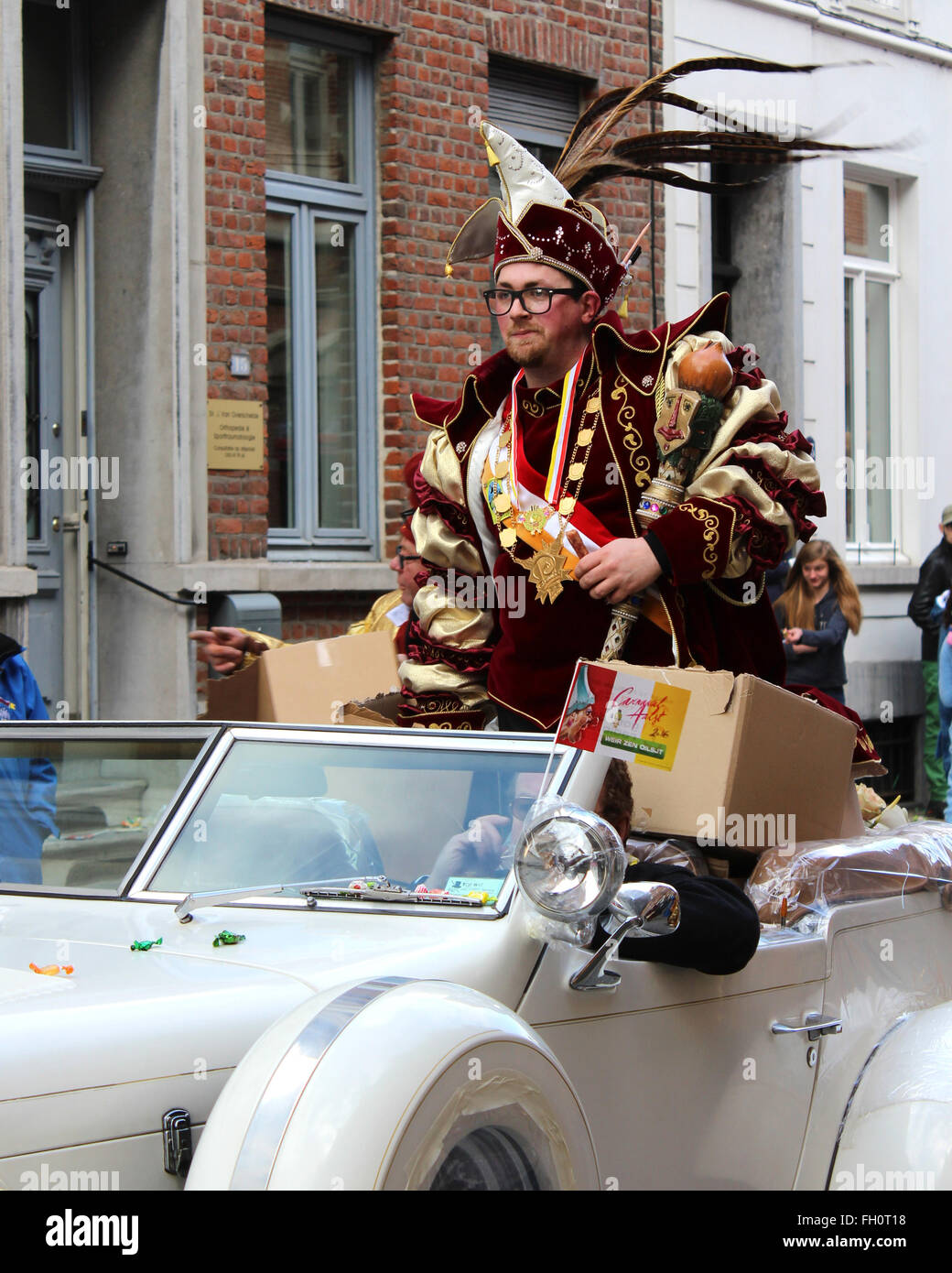 AALST, BELGIUM, FEBRUARY 7 2016: Prince Carnival Dennis de Wolf, rides through the streets during the Carnival Parade in Aalst. Stock Photo