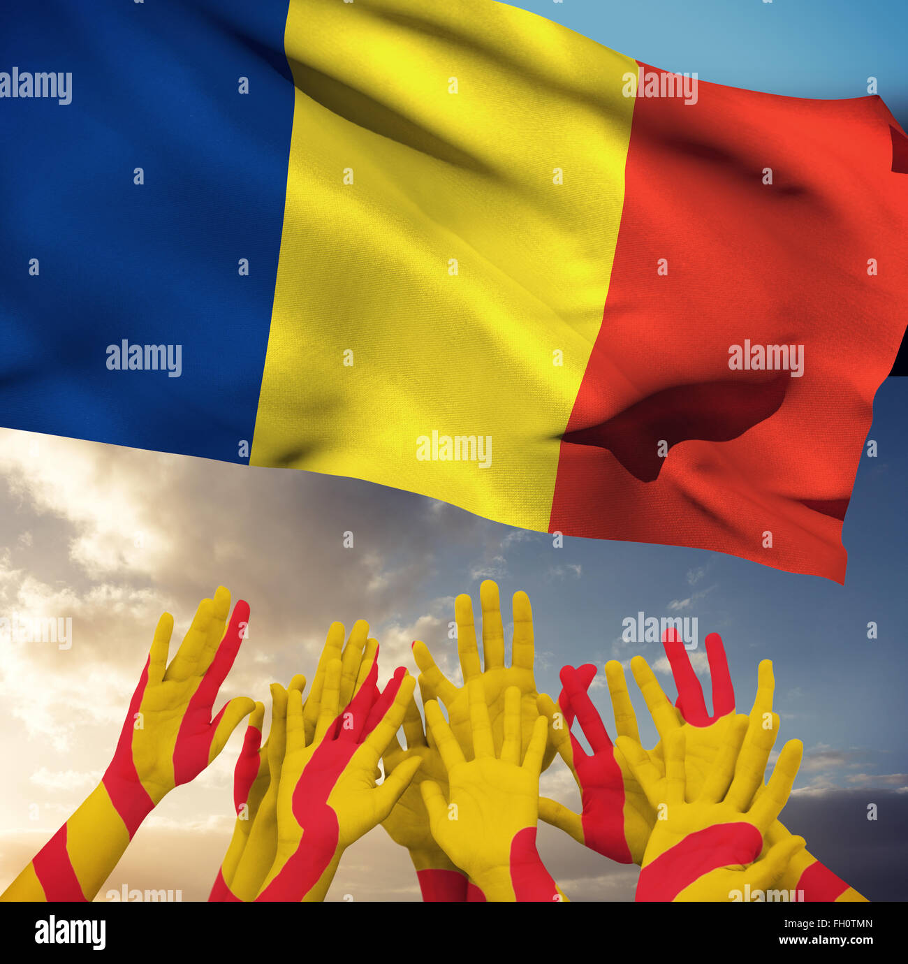 Composite image of people raising hands in the air Stock Photo - Alamy