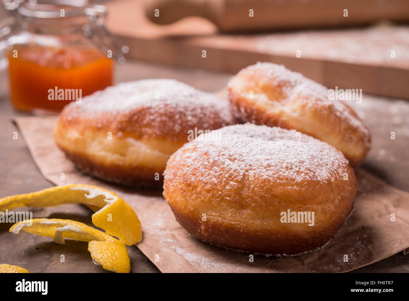 Fried traditional Krapfen donuts on still life composition Stock Photo -  Alamy