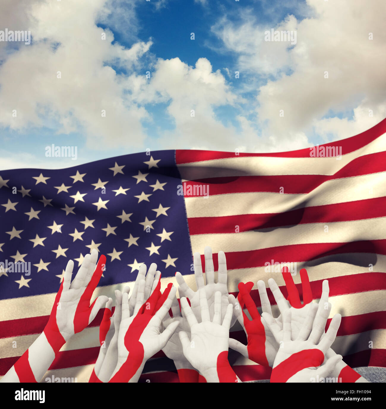 Composite image of people raising hands in the air Stock Photo - Alamy
