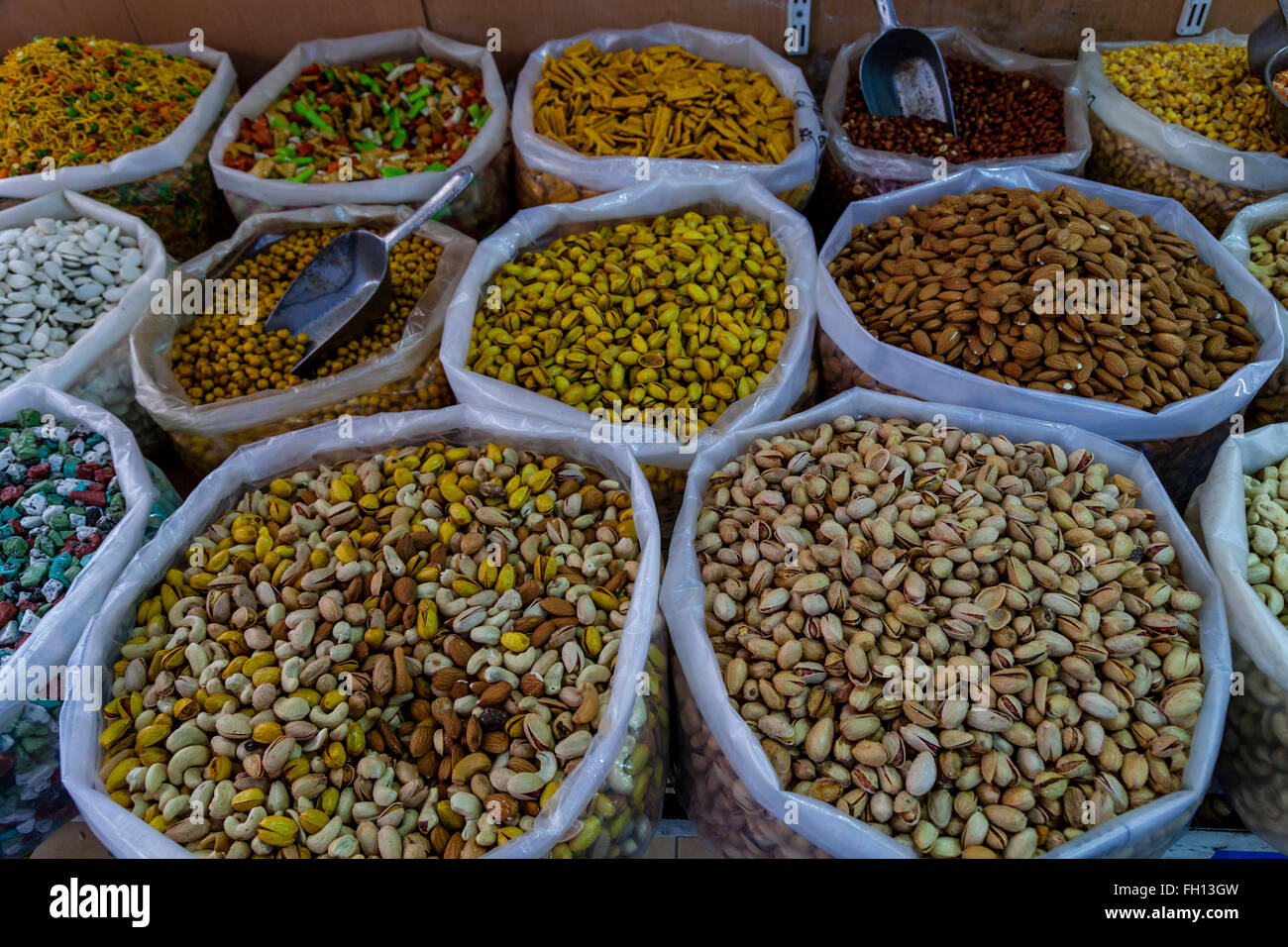 Various Nuts and Snacks For Sale In The Nizwa Souk, Nizwa, Ad Dakhiliyah Region, Oman Stock Photo