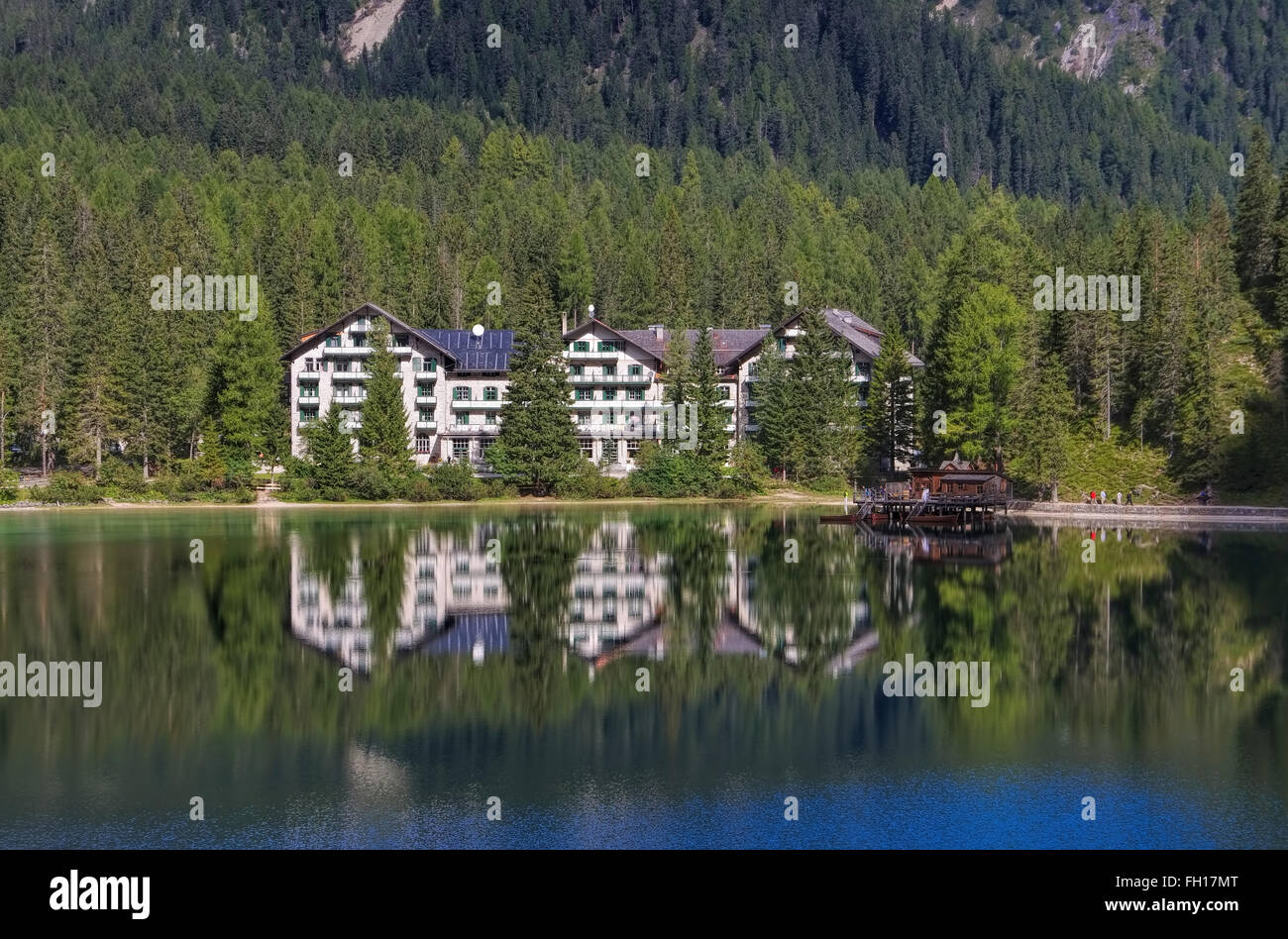 Pragser Wildsee in den Dolomiten - Lake Prags in italian Alps Stock Photo
