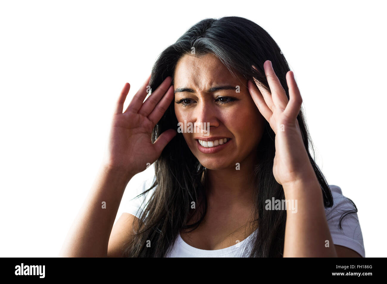 Young woman holding temples hi-res stock photography and images - Alamy