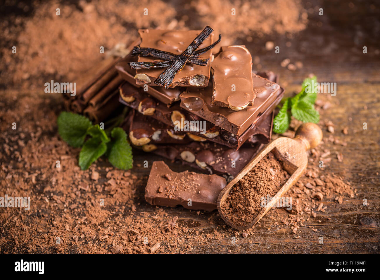 Pieces of dark hazelnut chocolate Stock Photo